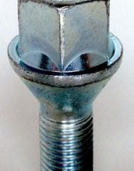 single alloy wheel bolt, M12x1.5, 17mm hex, 26mm thread, taper