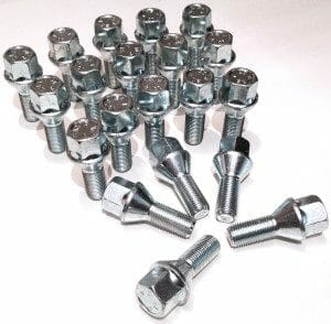 Set of 20 17mm Hex, taper seat, 27mm thread, M12x1.5 alloy wheel bolts
