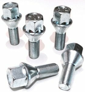 Set of 5 17mm hex, taper seat, 27mm thread, M12x1.5 alloy wheel bolts