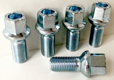 Set of 5 M14x1.5, 17mm hex, radius, 27mm thread alloy wheel bolts
