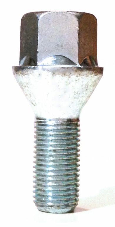 single alloy wheel bolt M14x1.5, 17mm Hex, 28mm thread, taper