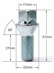 specs 17mm Hex, taper seat, M14x1.25 thread, 27mm length alloy wheel bolt